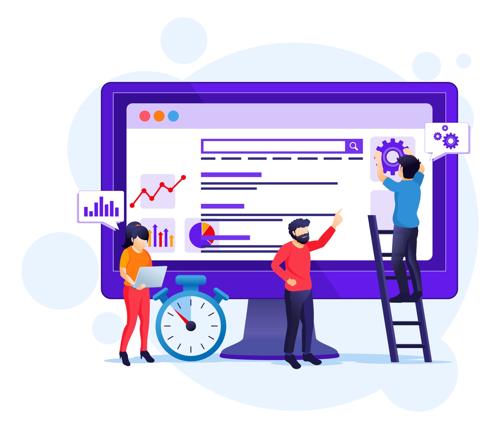 seo-analysis-concept-with-people-work-on-screen-search-engine-optimization-marketing-and-strategies-illustration-vector